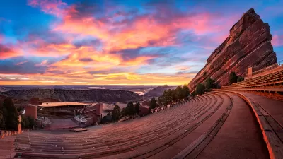 View of Red Rocks Amphitheater at sunset.