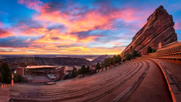 View of Red Rocks Amphitheater at sunset.