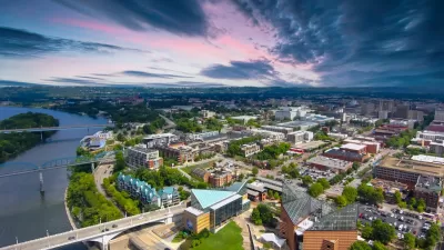 Aerial view of Chattanooga, Tennessee with a colorful sunset sky.
