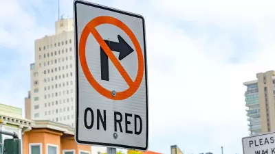 Close-up of 'No Right Turn on Red' sign in San Francisco, California.