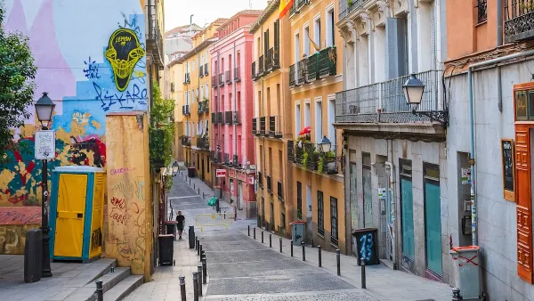 Colorful historic homes in Madrid, Spain.