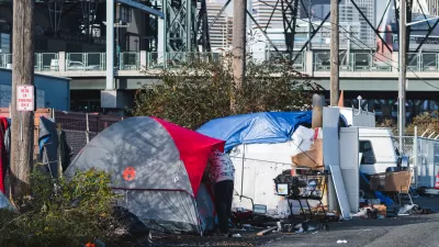 Tents put up by unhoused people outside of Seattle's baseball stadium