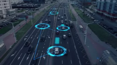Image of cars driving on multi-lane road with graphics indicating the vehicles are communicating with each other.
