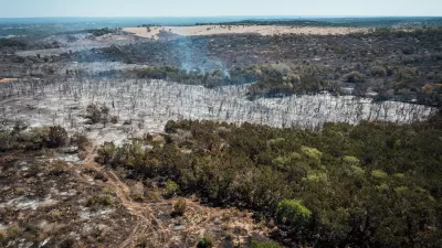 Aerial view of scorched forest area in Round Mountain, central Texas