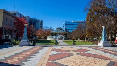 Empty Decatur Square plaza with fall trees in Decatur, Georgia