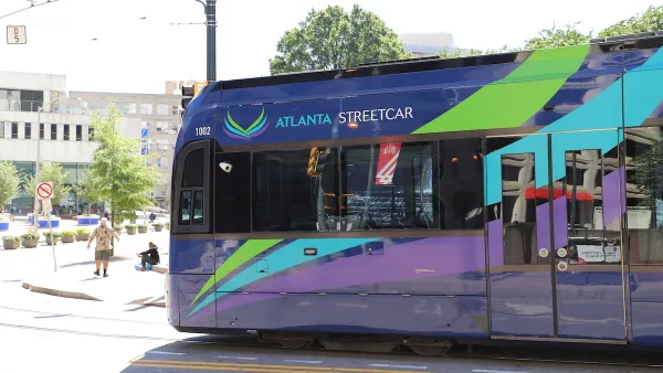 Blue Atlanta streetcar on street in downtown Atlanta, Georgia.