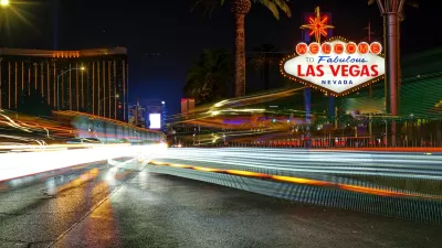 "Welcome to Fabulous Las Vegas Nevada" sign at night.