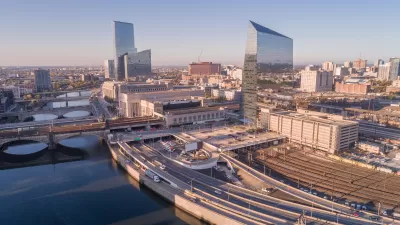 Aerial view of 30th Street Station with train tracks and buildings in Philadelphia, Pennsylvania