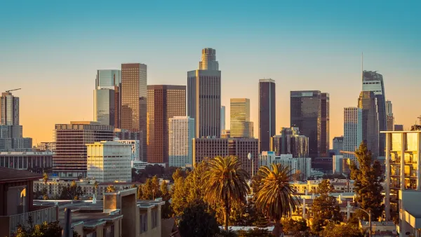 Downtown Los Angeles, California skyline at sunset.