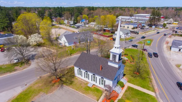 Aerial view of Trinity United Church aerial view at 103 Lafayette Road at Main Street in Seabrook historic town center, New Hampshire NH, USA.