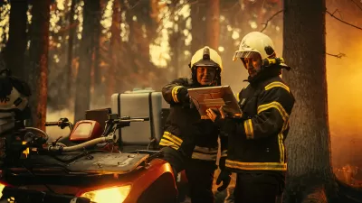 Two firefighters in a forest fore looking at tablet.