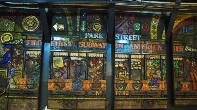 Mosaic window in Boston subway station celebrating America's first subway system.