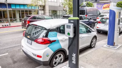 BlueLA car share car parked in Los Angeles.