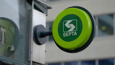 Close-up of green sign with SEPTA logo in Philadelphia, PA.