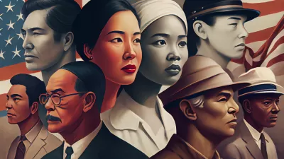 COnceptual banner featuring Asian Americans against an American flag backdrop