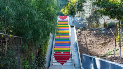Public stairs in Los Angeles, California painted with rainbow and red hearts.