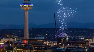 Drone show over Liverpool, England.