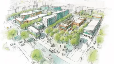 Sketch of proposed city with buildings, trees, and people.