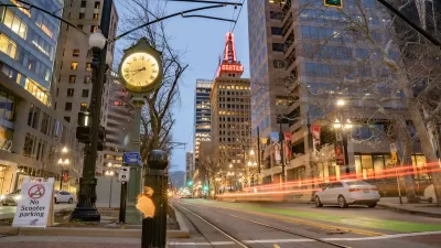 View of blurred motion traffic on downtown Salt Lake City street