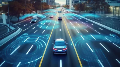 Cars on road with simulated technology overlay