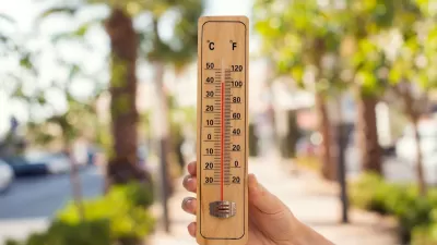 Hand holding up an analog thermometer outdoors with trees in background.
