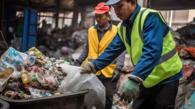 Two sanitation workers wearing yellow and green vests workin in trash dump in developing country.