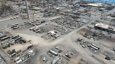 Aerial view of wildfire damage in Lahaina, Maui.