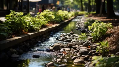 Close-up of bioswale drain with pebbles and various small plants with water running through.