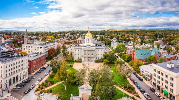 Aerial vew of New Hampshire state capitol with gold dome in Concord, New Hampshire.