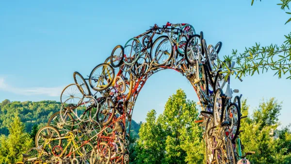 Archway made of bikes in Knoxville, Tennessee over Tennessee River.