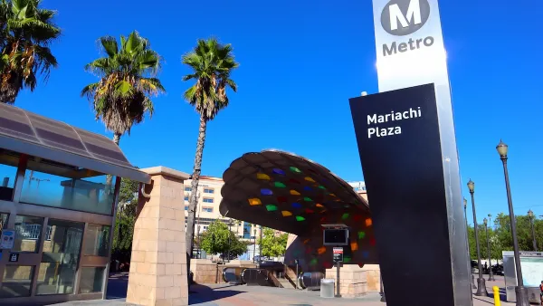Metro rail station in Mariachi Plaza with colorful glass pavilion in Boyle Heights, Los Angeles, California.