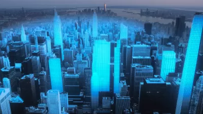 Aerial view of New York City architecture with augmented reality visualization, blue digital holograms over buildings and skyscrapers