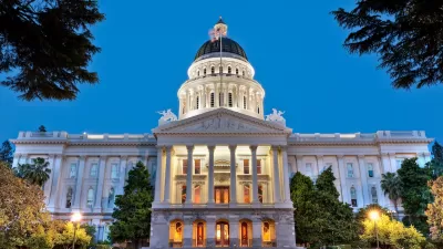 View of California State Capitol dome in Sacramento, California at dusk.