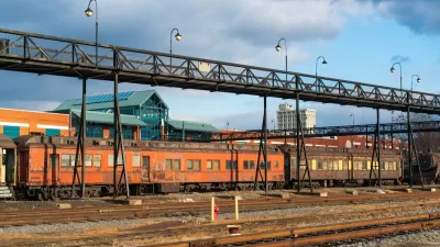 Steamtown National Historic Site at former Scranton, Pennsylvania rail yards with old steam trains.