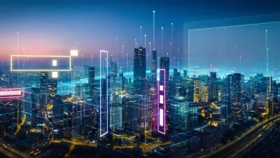 Visualization of data on dark city skyline.