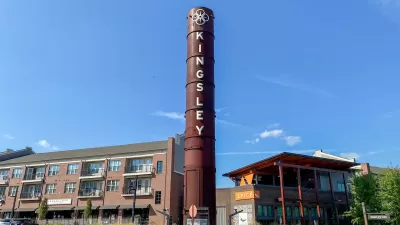 Fort Mill, South Carolina: Kingsley Town Center. Mixed use development of repurposed textile mill with smokestack and streets "Textile Way" and "Broadcloth Street."
