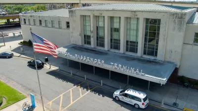 Aerial view of Union Station train terminal front entrance in New Orleans, Louisiana.