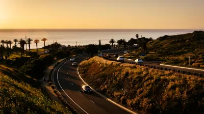 View of Palos Verdes Drive along Pacific Ocean in Palos Verdes, California at sunset.