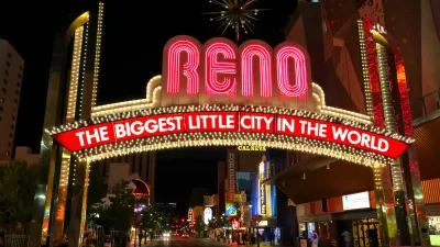 Neon "RENO: Biggest little city in the world" arch sign in downtown Reno, Nevada