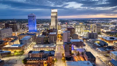 Downtown Omaha, Nebraska skyline at night.