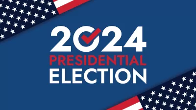 Graphic with blue background, flags, and text reading 2024 Presidential Election