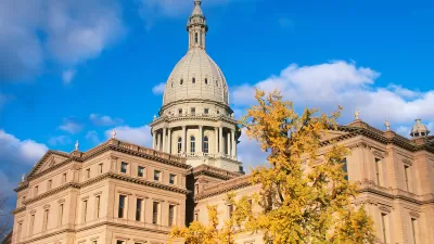View of Michigan State Capitol dome in Lansing, Michigan.