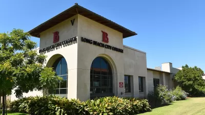 Corner view of Spanish revival-style building with arched windows, red tile roof, and Long Beach City College title and logo on two sides.