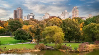 View of green meadow with people and fall-colored trees in Central Park with Manhattan buildings in background.