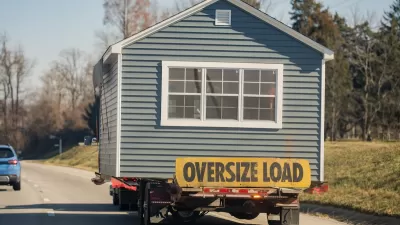 Grey mobile home with yellow "Oversize Load" sign being towed on road.