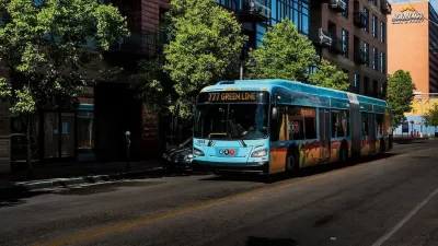 Blue bus in downtown Albuquerque, New Mexico.