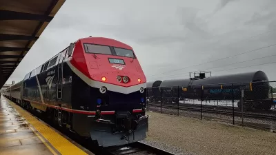 Red Amtrak Borealis train in St. Paul Union Station depot.
