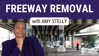 Graphic with photo of Amy Stelly superimposed on image of Claiborne Expressway elevated freeway in New Orleans, Louisiana