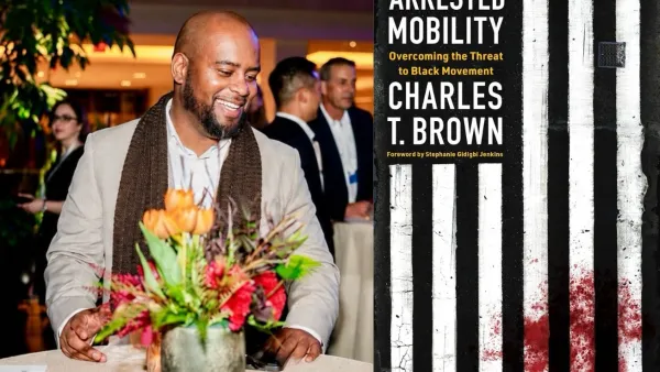 Photo of author Charles T. Brown wearing a brown scarf and looking down while smiling next to book cover of his book Arrested Mobility.
