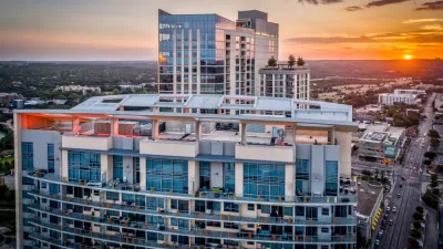 The top floors of a luxury condo building is seen at sunset in Downtown Austin.
